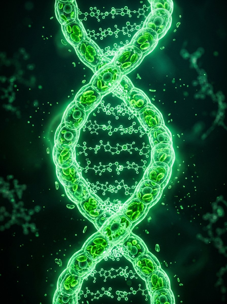 Glowing green biological DNA double helix biotechnology visualization