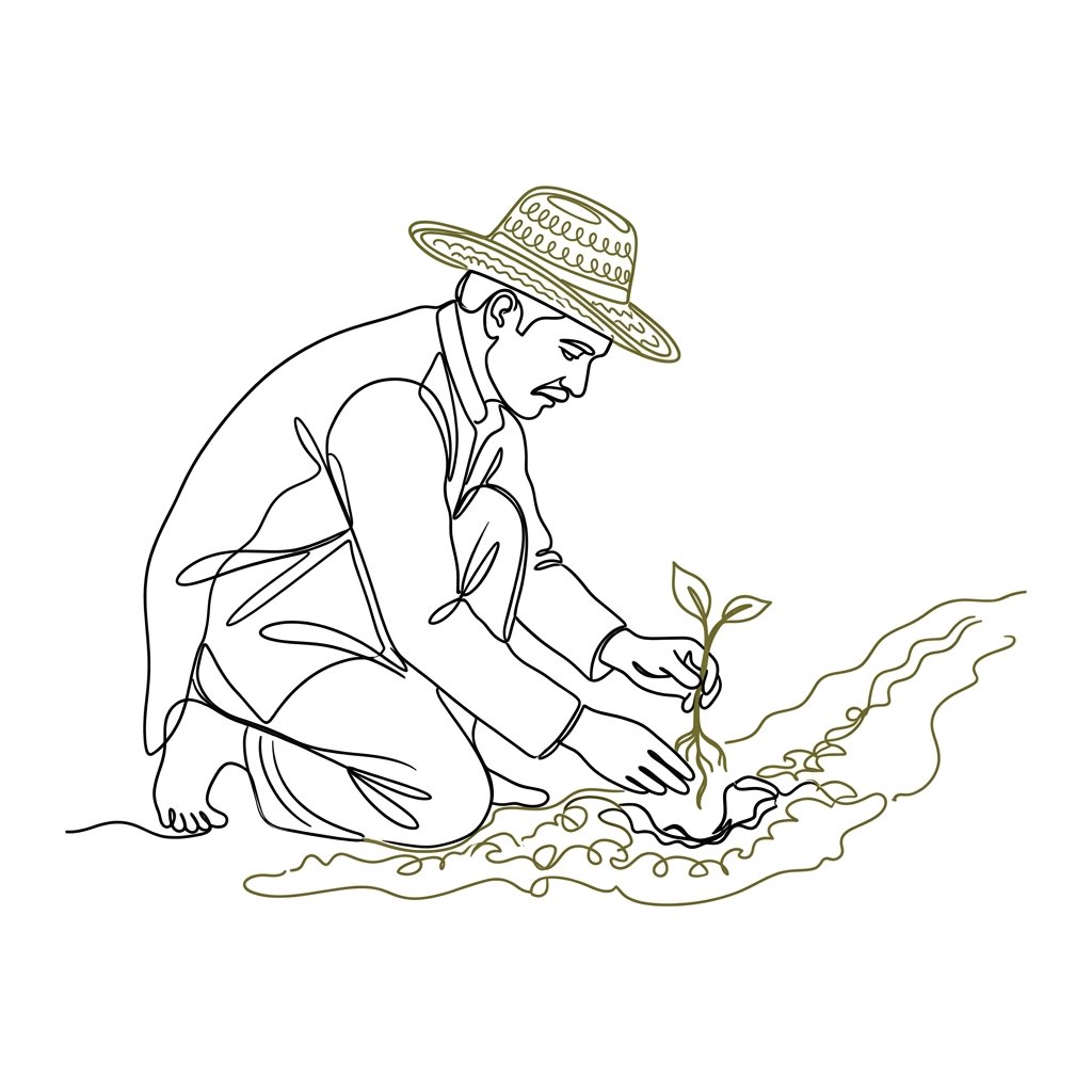 Minimalist line art illustration of an Indian farmer with a straw hat planting a sprout