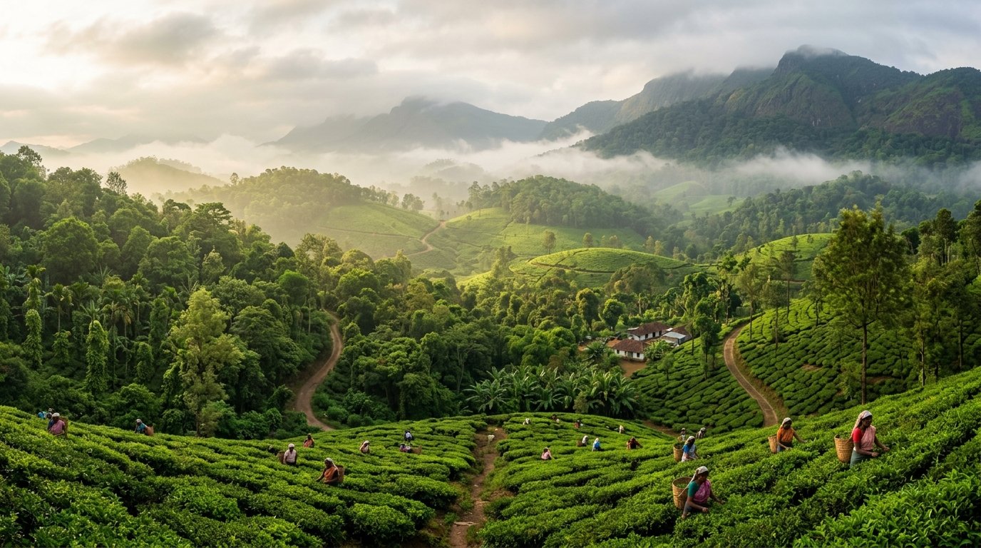 Lush green tea and spice plantation hills in Kerala Western Ghats