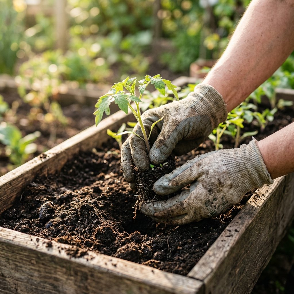 Farmer hands transplanting healthy seedlings in organic compost soil