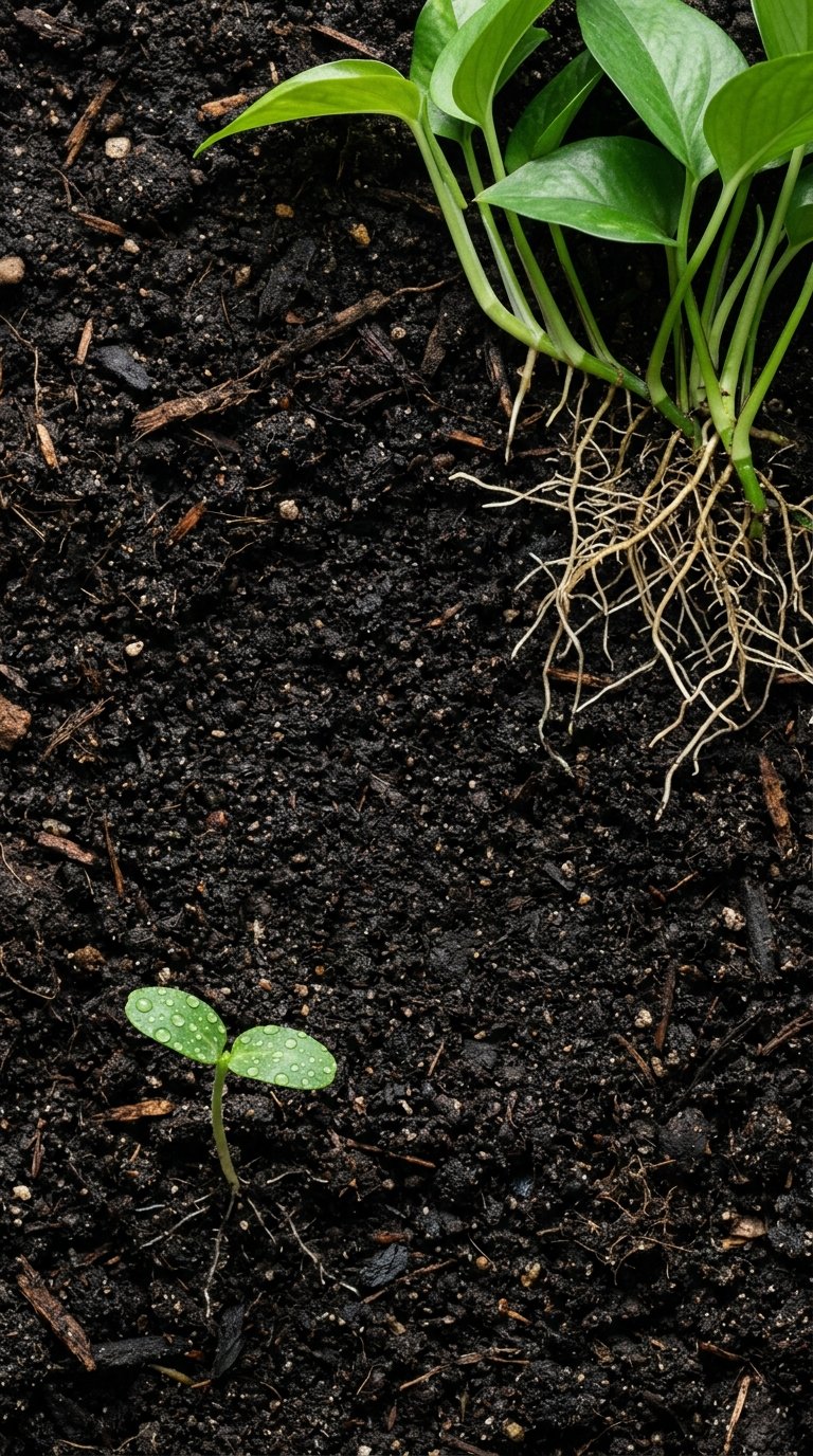 Rich fertile soil with exposed plant roots and sprouting seedling
