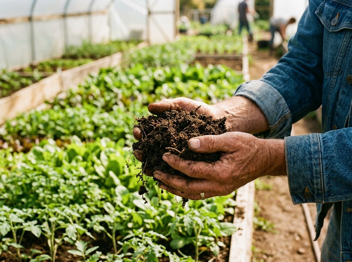 Farmer inspecting rich organic soil health