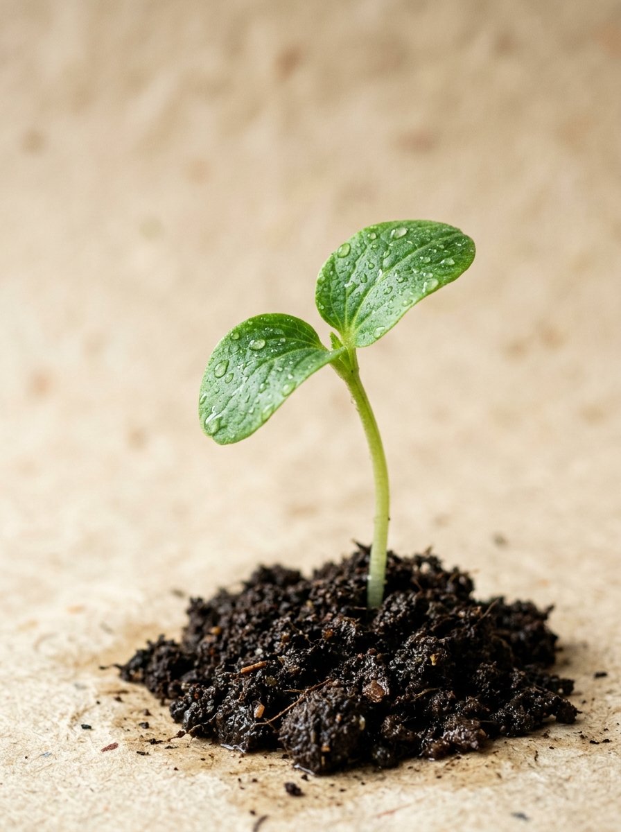 Young green sprout emerging from fertile organic soil